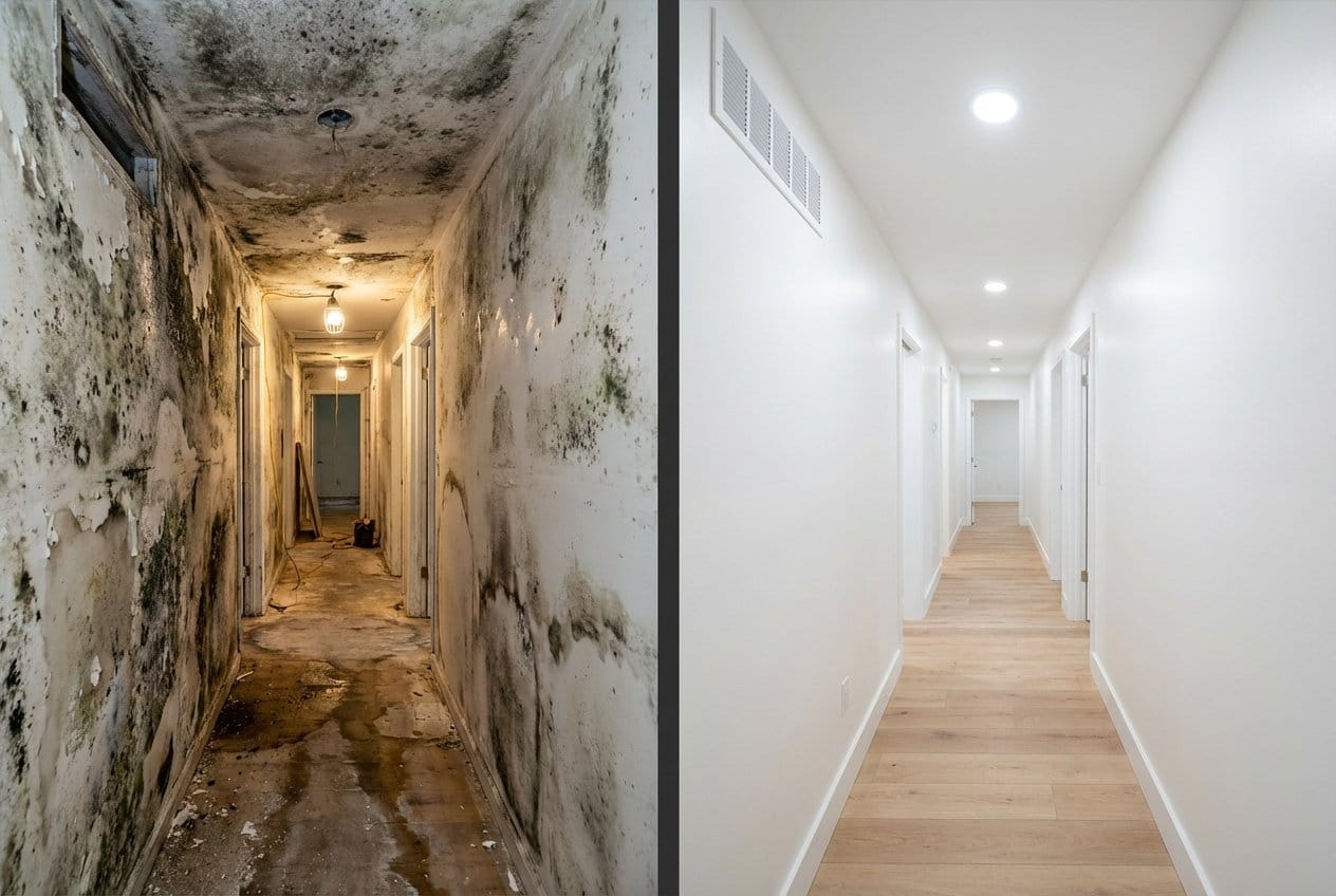 Black Mold Removal before and after in hallway, Cresskill NJ