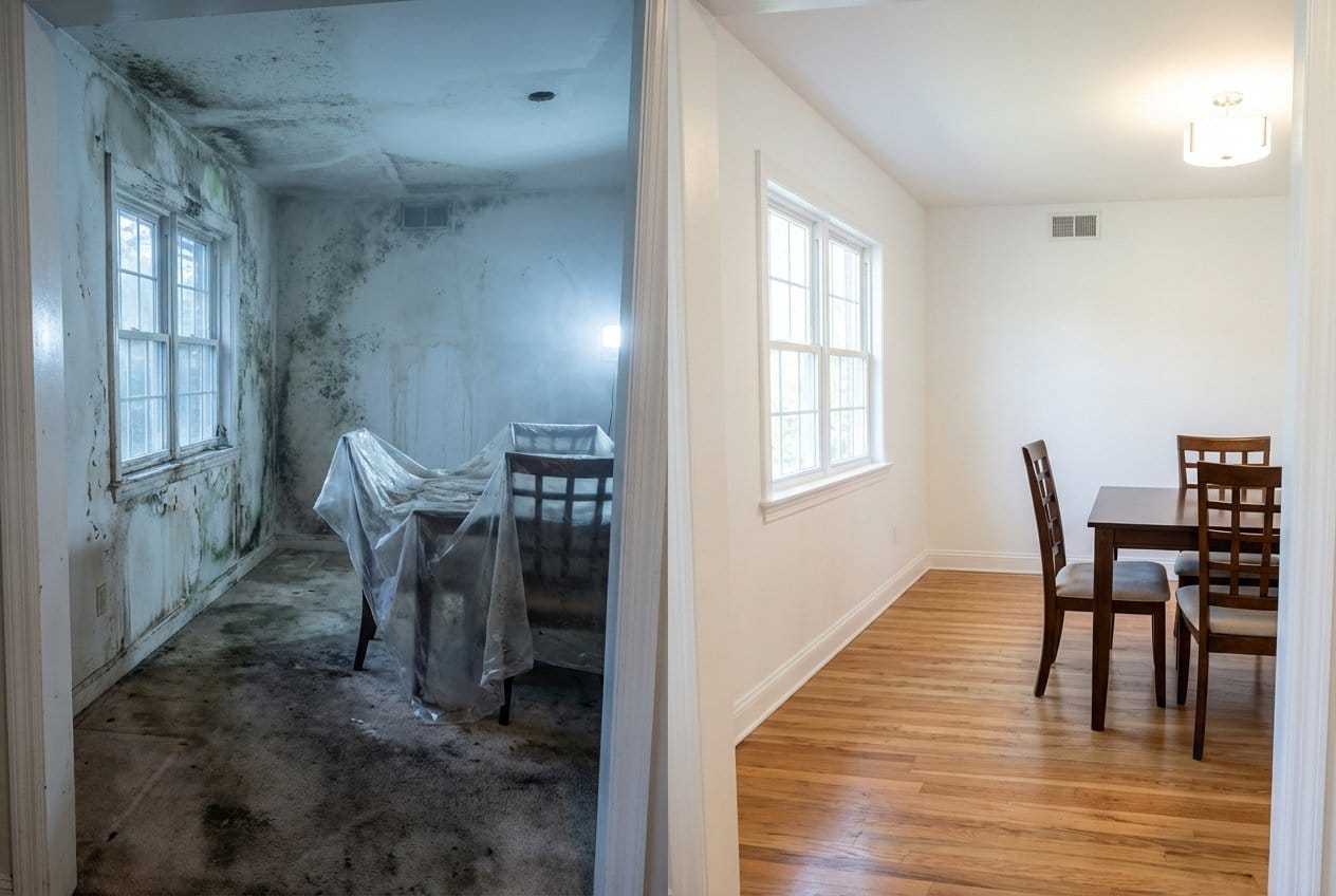 Before and after black mold removal in Cresskill bungalow dining room
