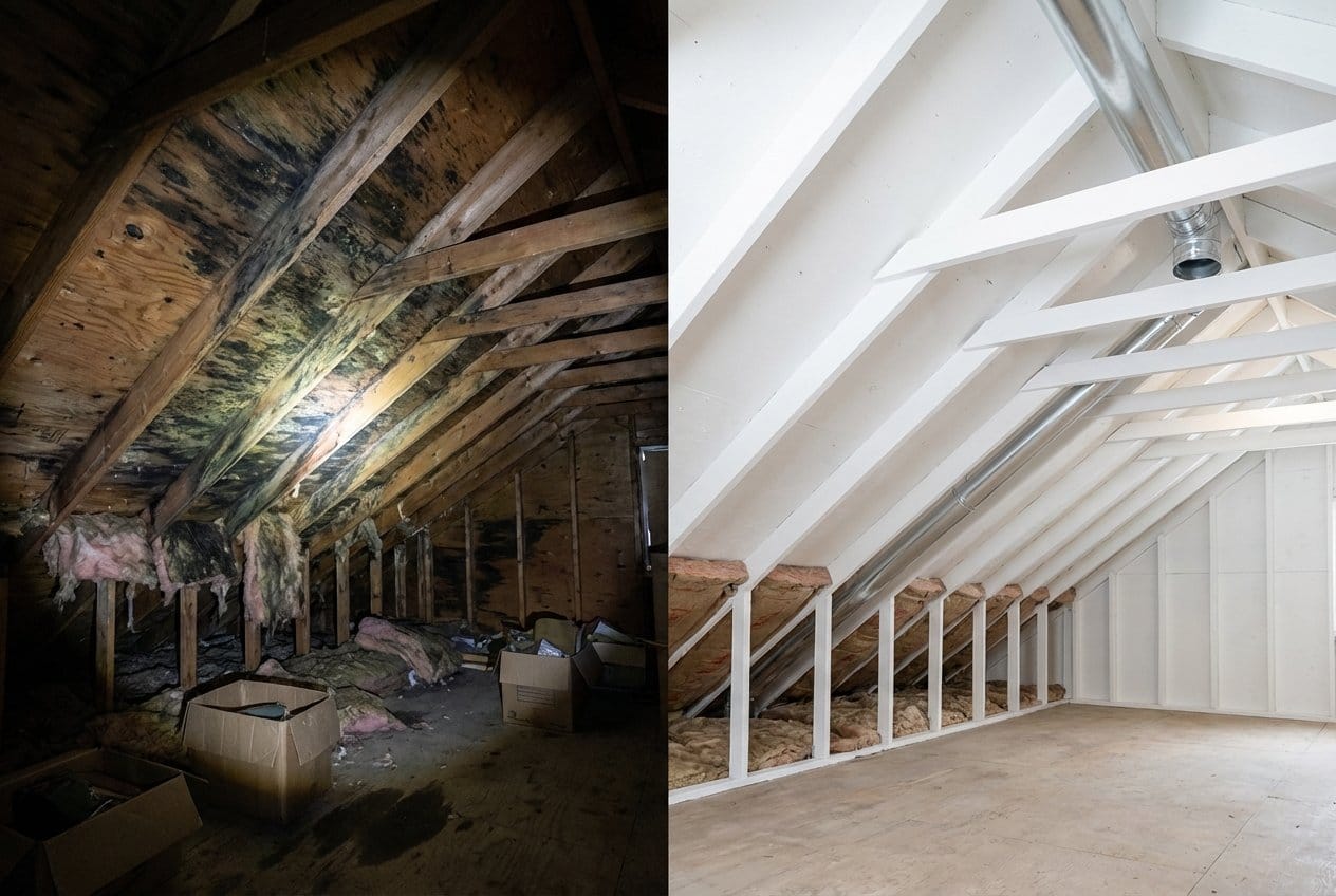 Before and after post-remediation cleaning & clearance in Cresskill single-family home attic space