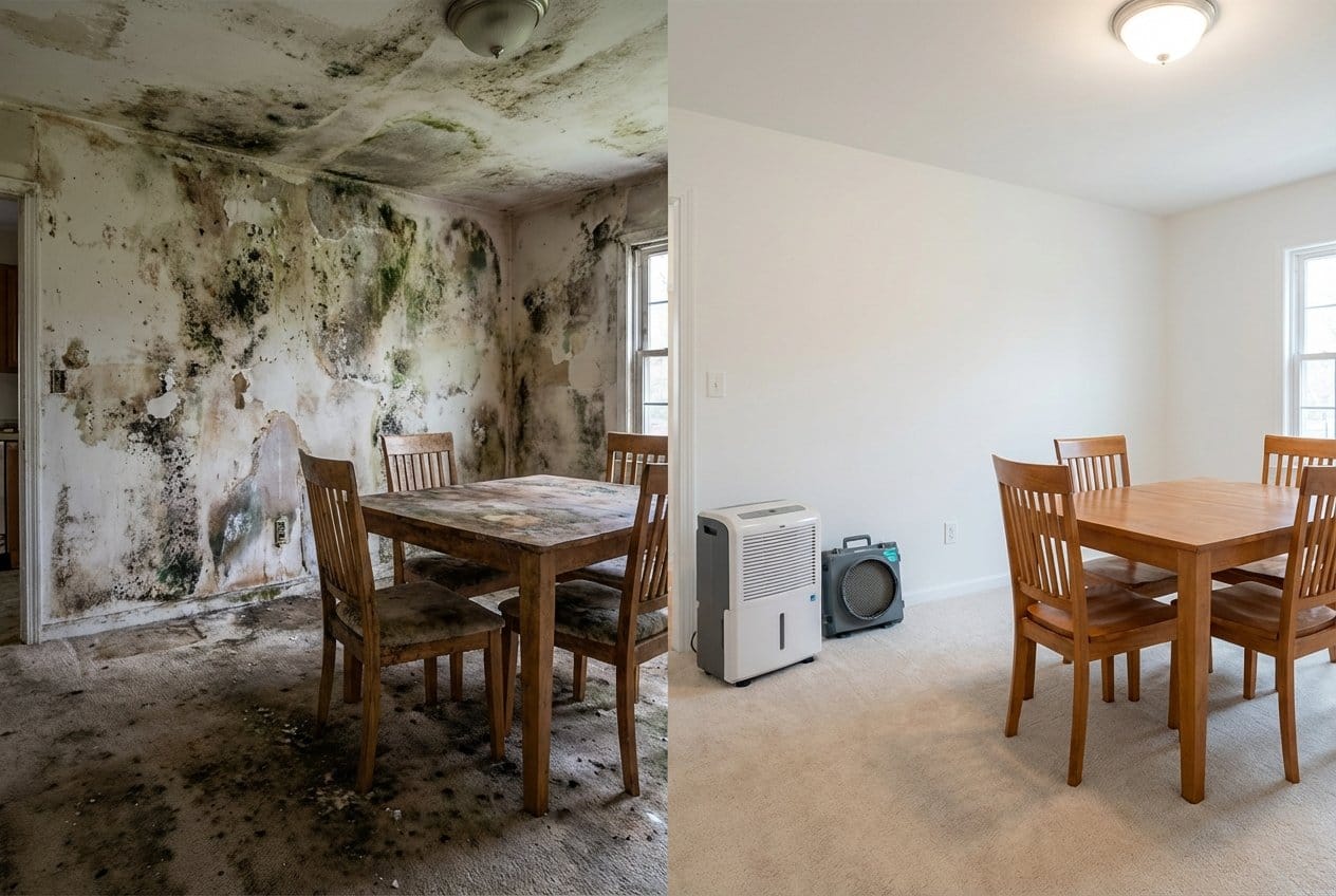 Before and after odor removal & disinfection in Cresskill ranch-style home dining room