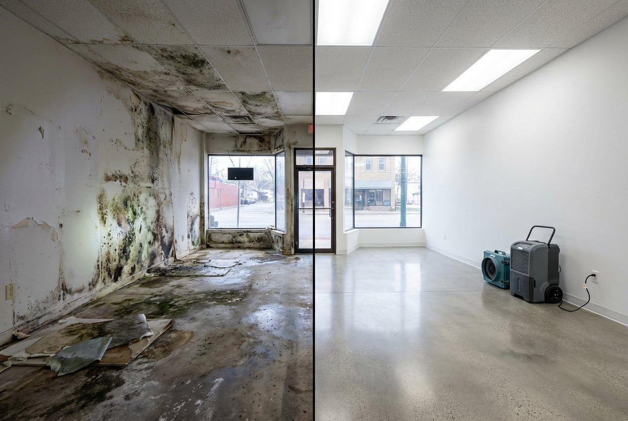 Before and after humidity & moisture control solution in Cresskill townhouse storefront interior